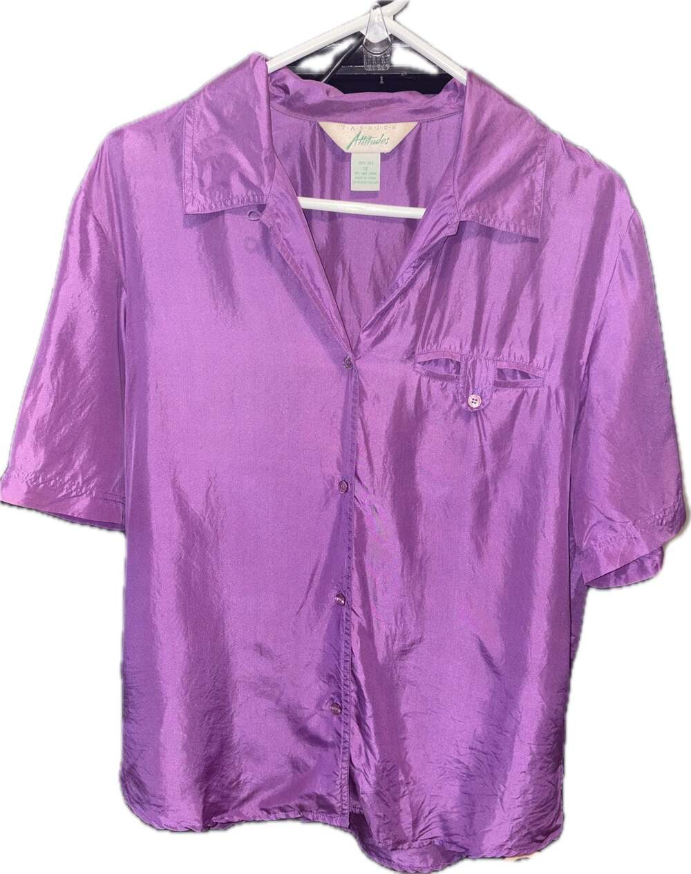 Vintage Fashion Attitudes 100% Silk Short Sleeve Button Up Blouse Purple Size 12